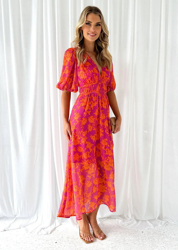 Robe Longue Fleurie à Col V Femme