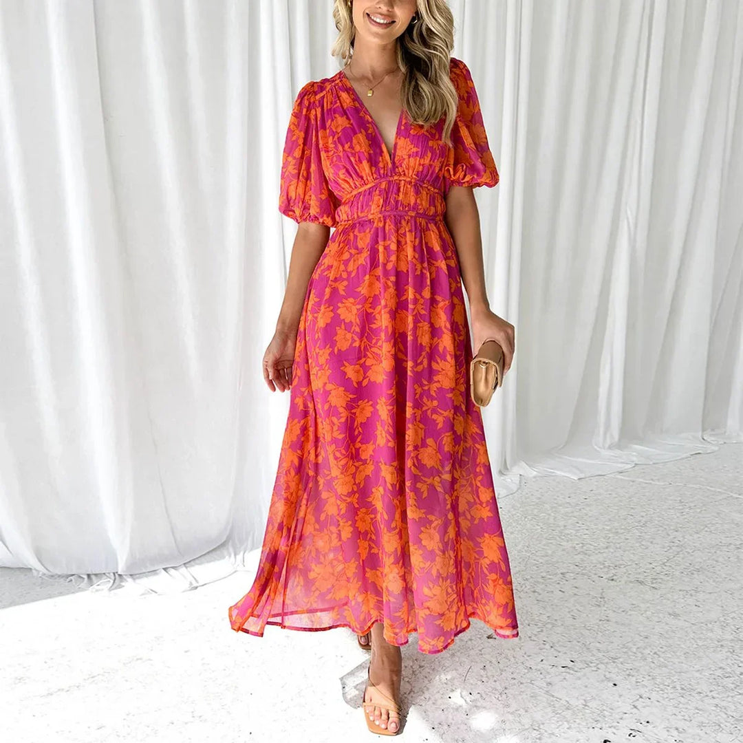 Robe Longue Fleurie à Col V Femme