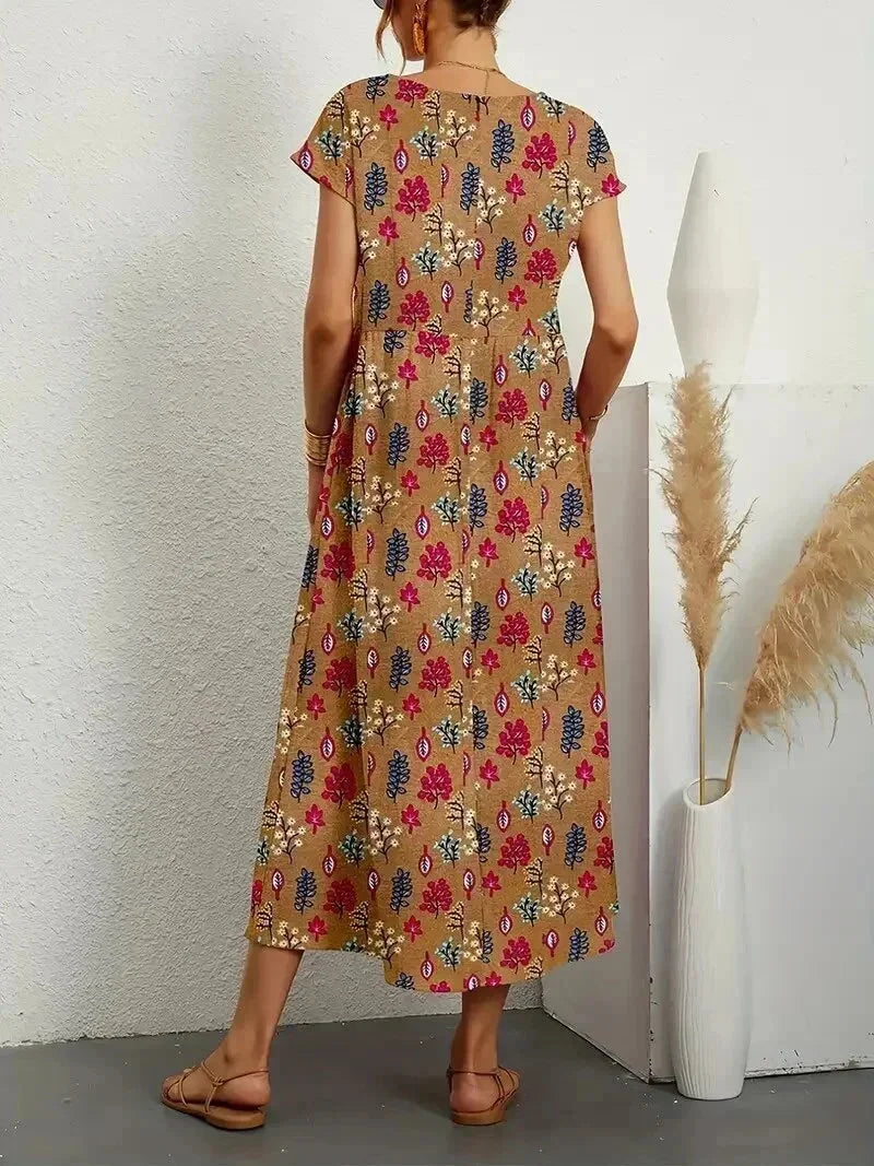Robe Midi Imprimée à Manches Courtes Femme