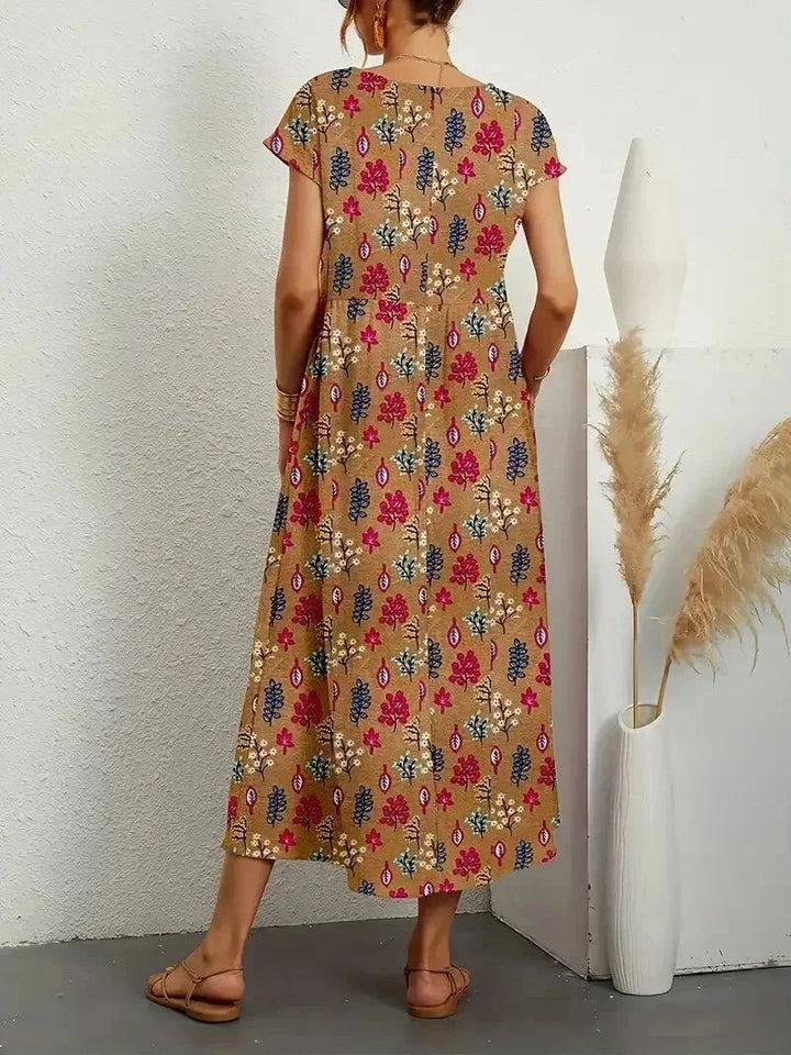 Robe Midi Imprimée à Manches Courtes Femme