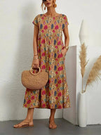 Robe Midi Imprimée à Manches Courtes Femme