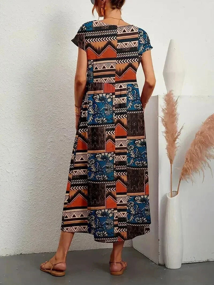 Robe Midi Imprimée à Manches Courtes Femme