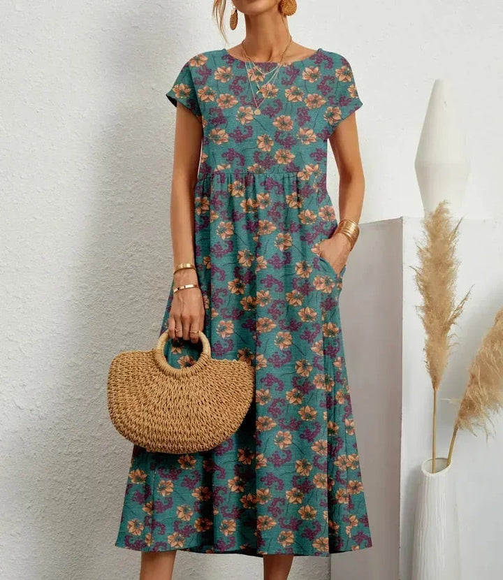 Robe Midi Imprimée à Manches Courtes Femme