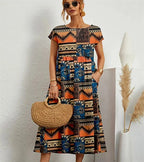 Robe Midi Imprimée à Manches Courtes Femme