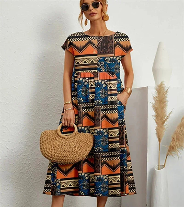Robe Midi Imprimée à Manches Courtes Femme