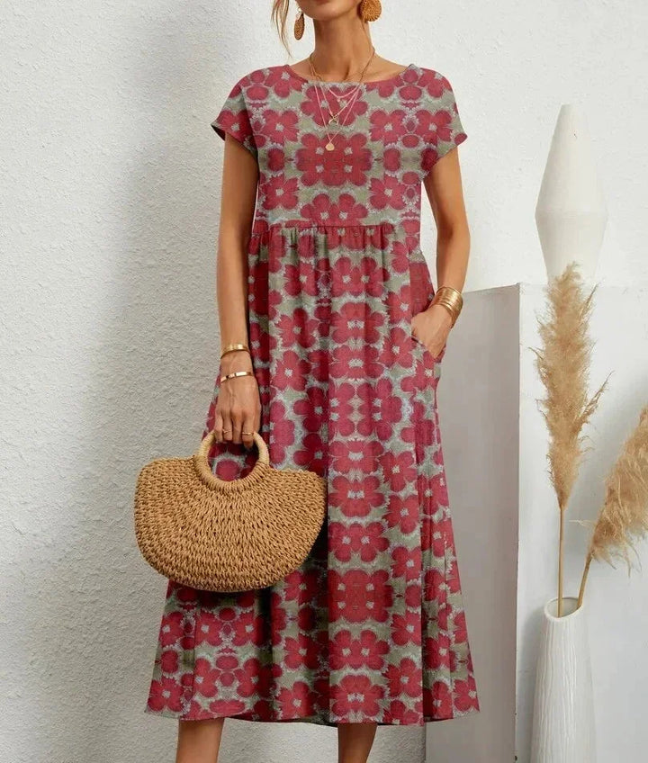 Robe Midi Imprimée à Manches Courtes Femme