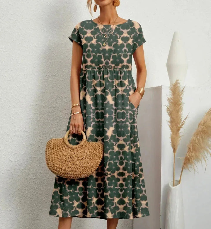 Robe Midi Imprimée à Manches Courtes Femme