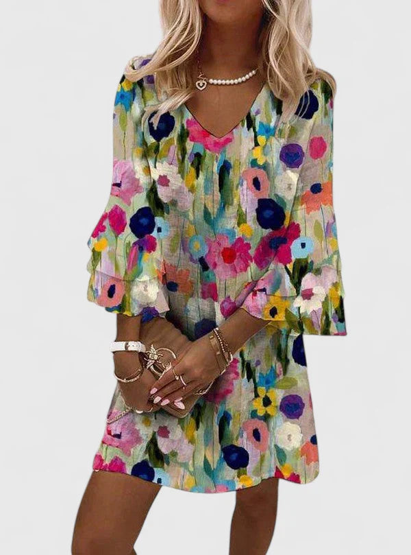 Robe Courte Fleurie à Col V et Manches Évasées