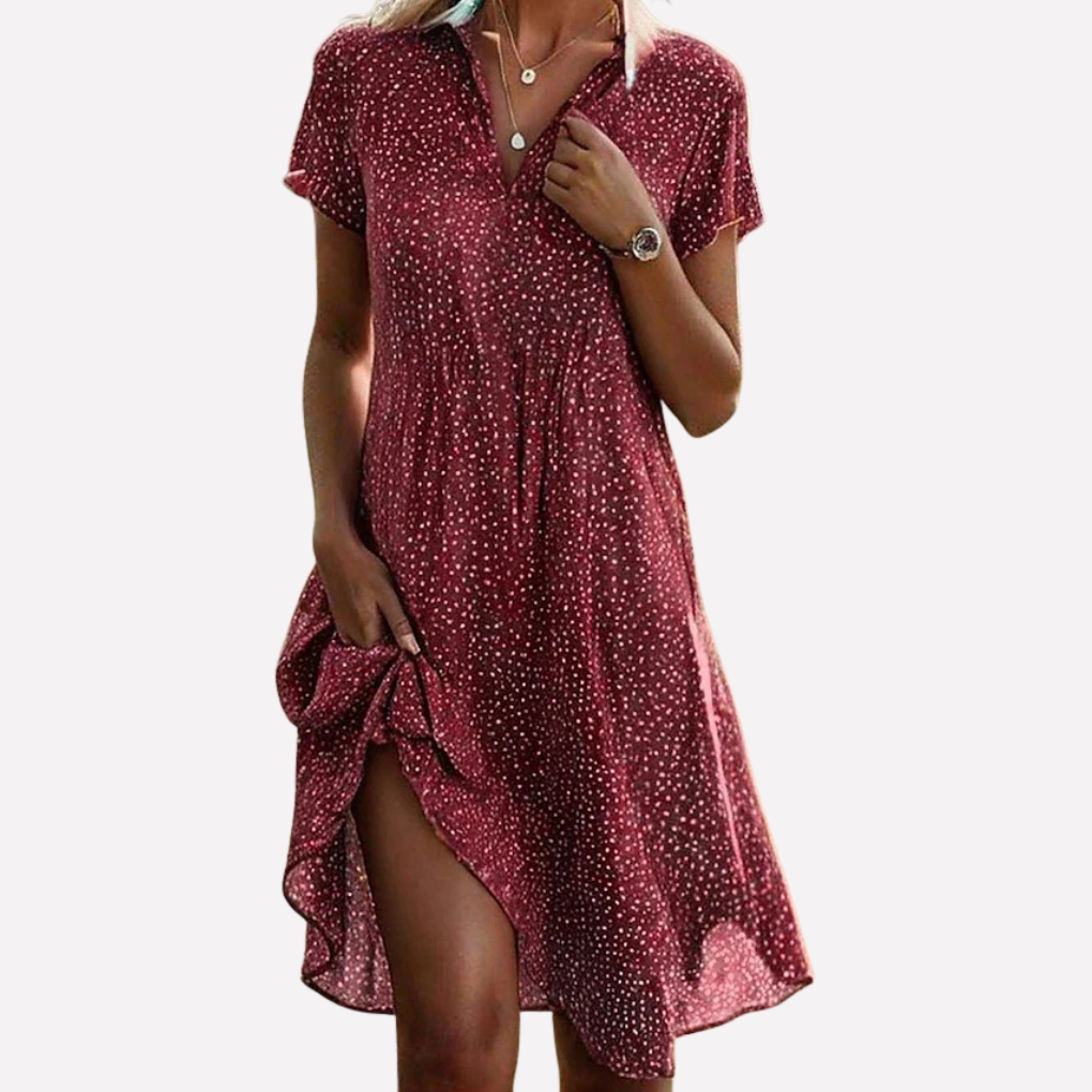 Robe Courte Fluide à Pois et Col V Boutonné