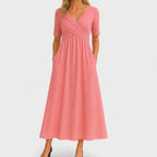 Robe Midi Cache-Cœur à Manches Courtes Femme