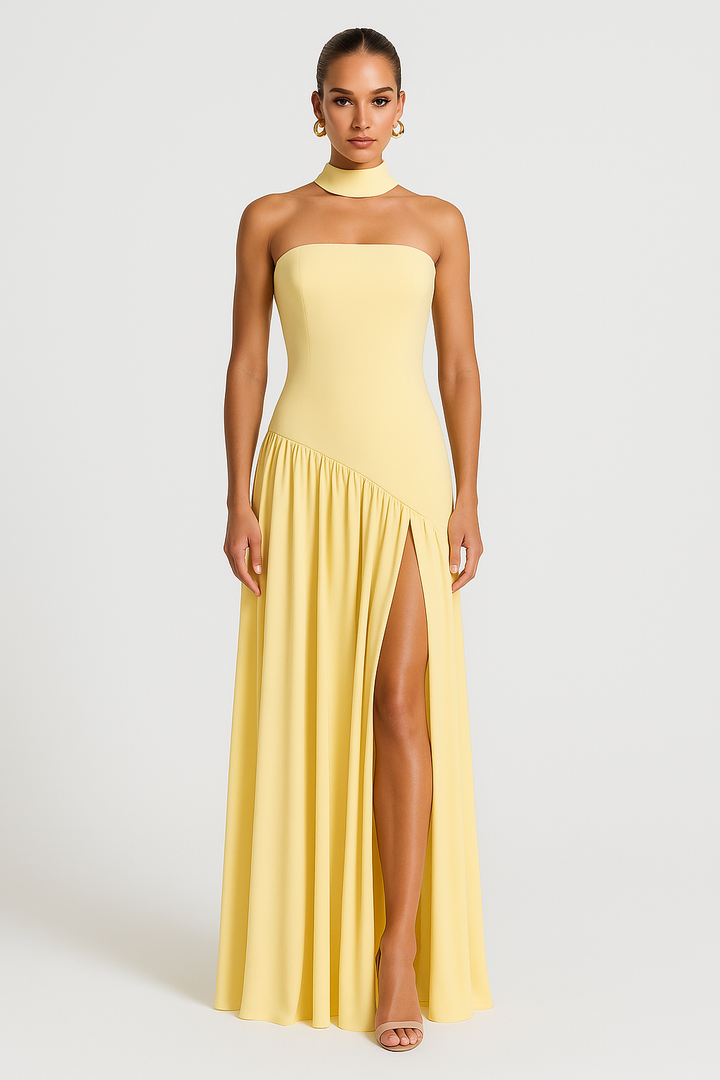 Robe Longue Fendue à Encolure Bandeau